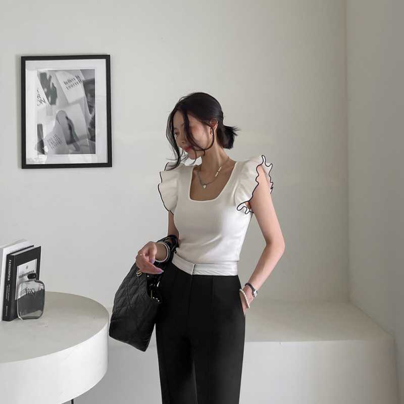 Picture of Summer Design Sense Front Collar Back Contrast Color Flying Sleeve Ear Sleeveless Back Strap Knitted Top Women