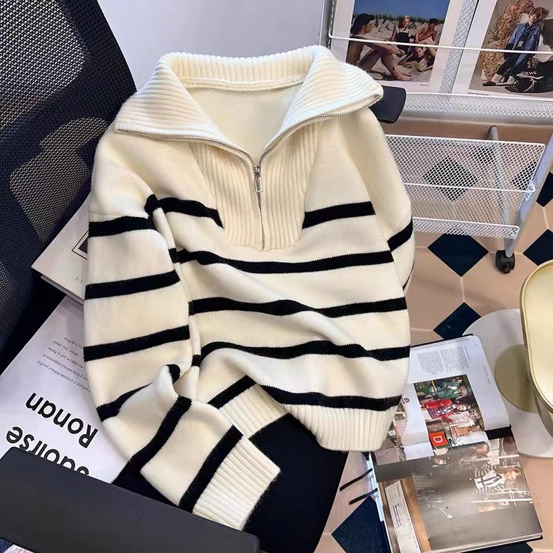 Sheep Velvet # Korean Style Chic Half-Zip Sweater for Women, Loose and Lazy Style Color-Blocked Striped Knitted Top Apricot