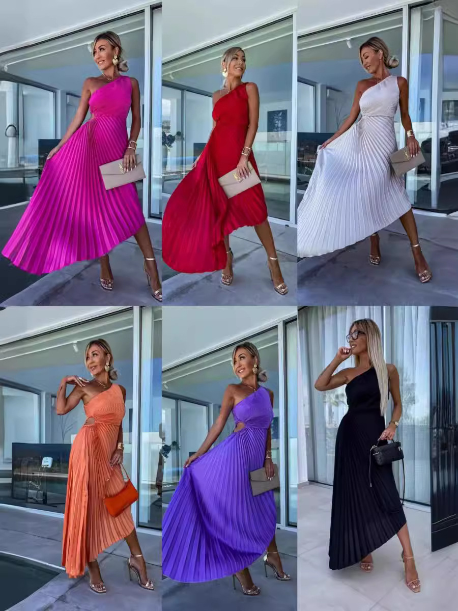 Picture of European and American 2024 Women's New Fashion Solid Color Casual Sexy Elegant One-shoulder Oblique Collar Pleated Hollow Dress