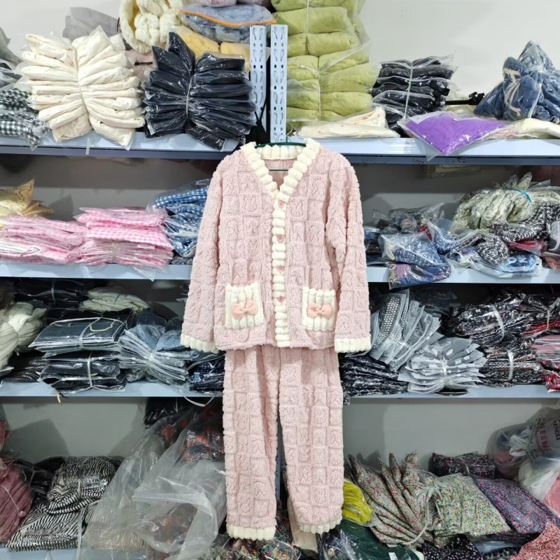 Sweet bow pajamas women's autumn and winter coral velvet with fleece thickened flannel cardigan for outdoor wear loungewear sets
