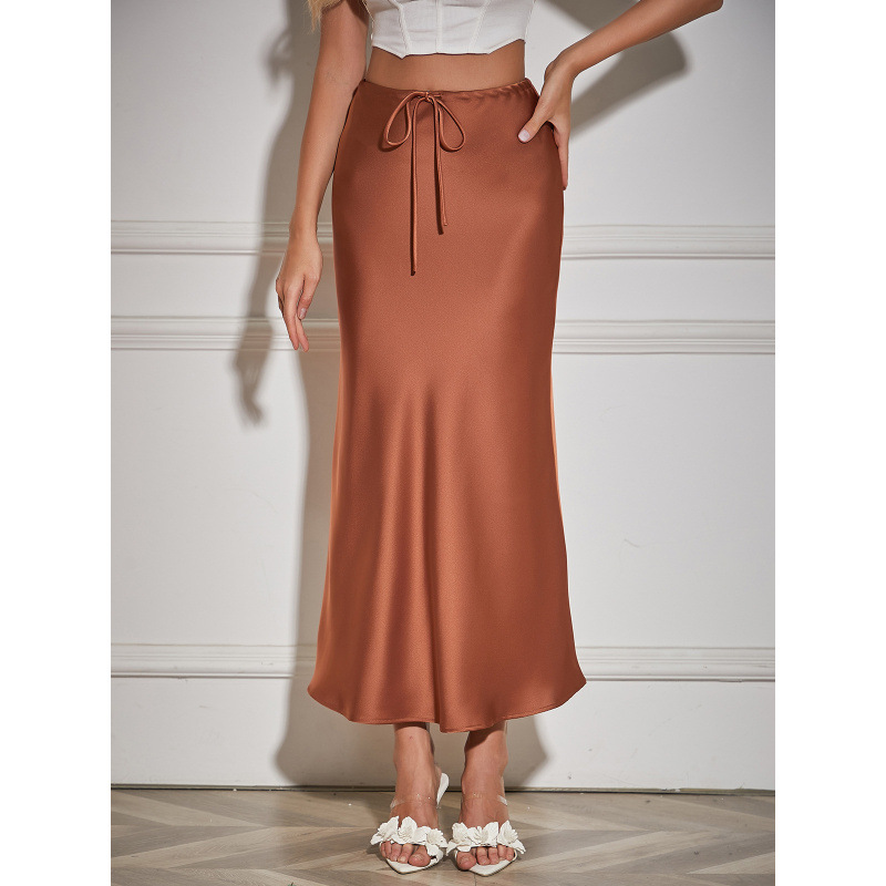 Acetate Skirt Cross-Border Amazon High Quality 2025 Women's Pure Color Long Skirt High Waist Drawstring Lace-Up A-Line Skirt