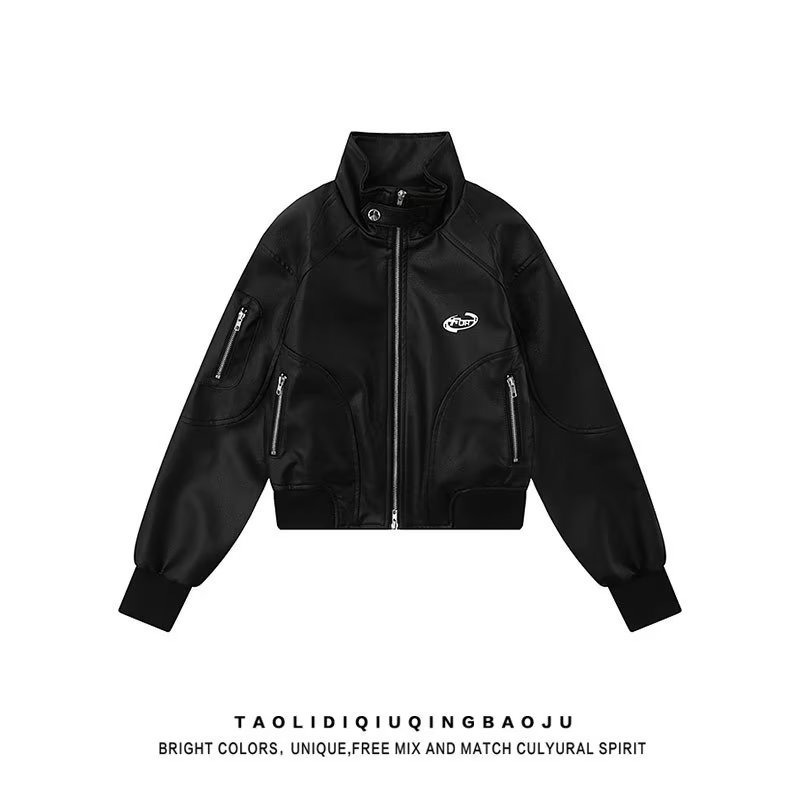 Picture of Cross-border American-style Street Design Stitching Collar Jacket Women's Autumn Functional Style Instagram Popular Brand Loose Short Leather