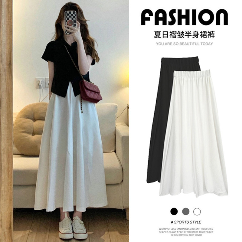 2025 Culottes Women's Summer Thin Small Pleated A-Line Skirt Cotton and Linen High-Waisted Straight Draped Wide-Leg Pants