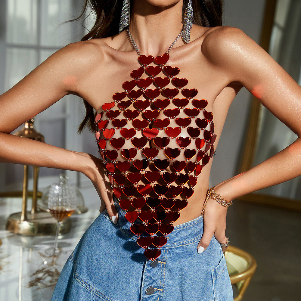 2025 European and American Cross-Border Amazon Aliexpress Export Backless Sexy Heart Acrylic Sequin Vest H20824