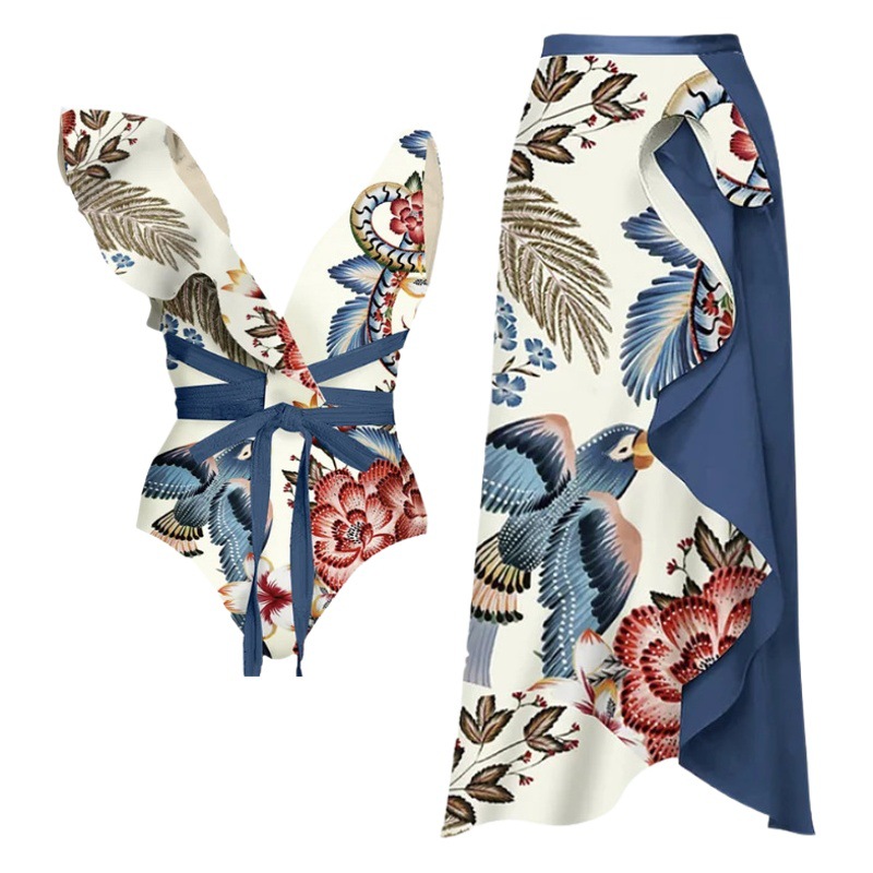 2024 European and American New Swimwear Deep V Ruffled Mouth Bird Print One-Piece Swimsuit and Skirt Suit 2312