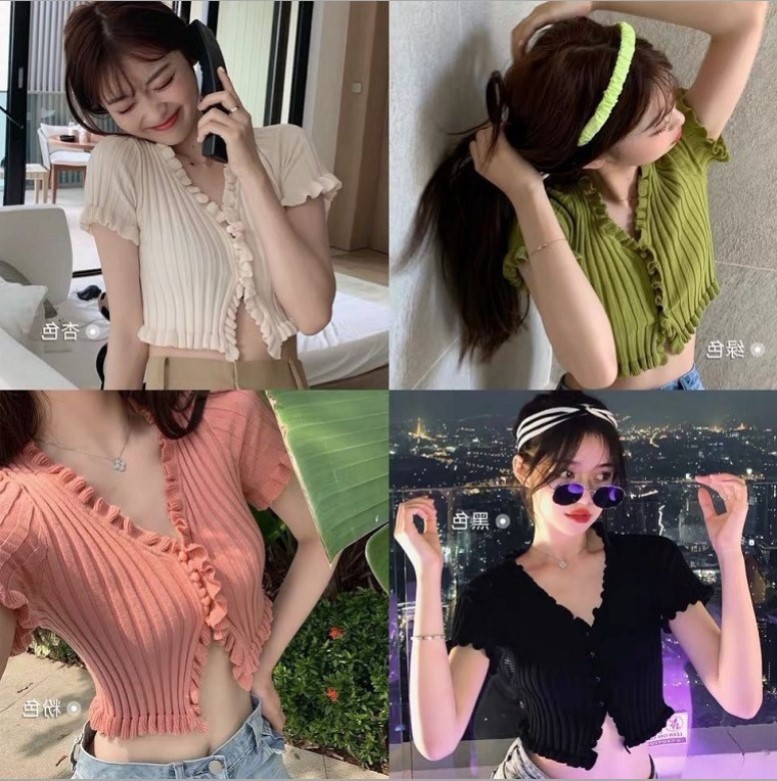 2024 New Summer Hot Girl Style Internet Celebrity Sweater Cardigan Thin Sweet but Not Too Sexy Short-Sleeved Top