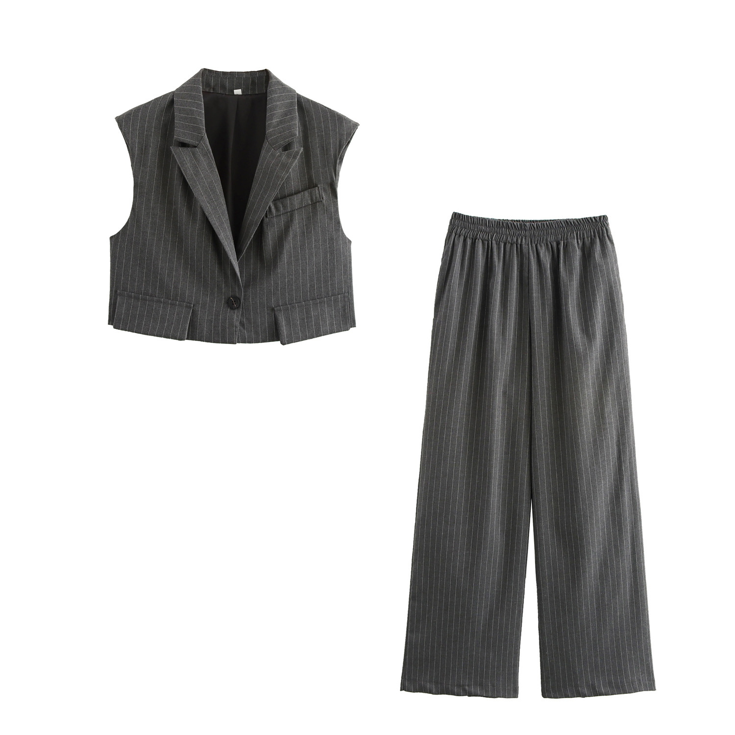 ZA cross-border women's clothing wholesale temperament commuter suit lapel striped vest vest high waist straight wide leg pants
