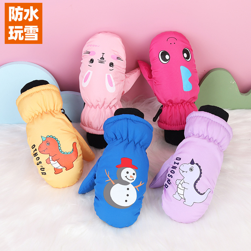 3-10 years old winter children and finger bag three-layer thick velvet warm windproof waterproof snow cartoon stuffy gloves