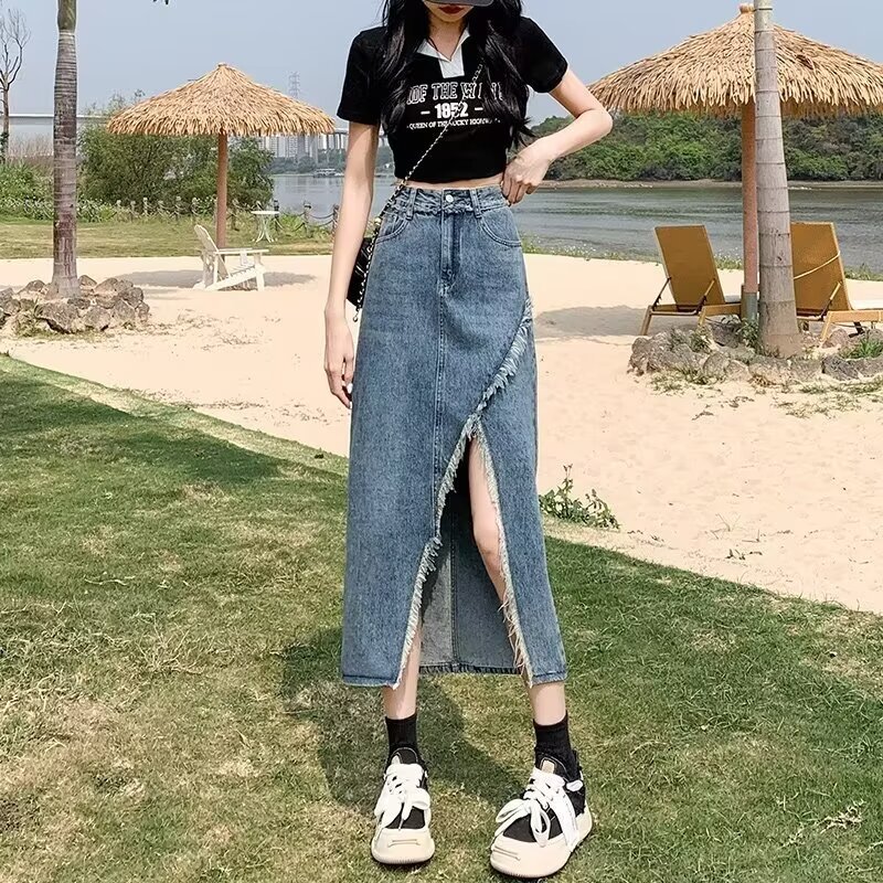 Vintage Split Denim Skirt Women's 2024 New Autumn High Waist A- Line Skirt Loose Mid-Length Skirt