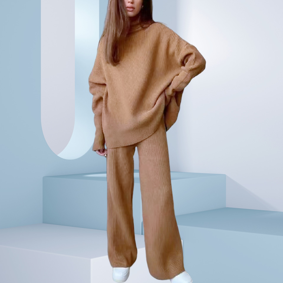 2023 AliExpress Amazon autumn and winter hot selling loose pullover knitted solid color turtleneck casual two-piece women's clothing