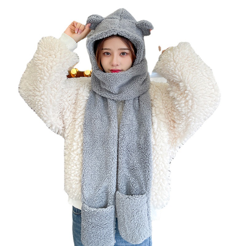 Picture of Winter Warm and Thickeneded Cotton Plush Rabbit Ears Animal Hat Gloves Scarf Bear Three-Piece Hat Factory Ear Protection