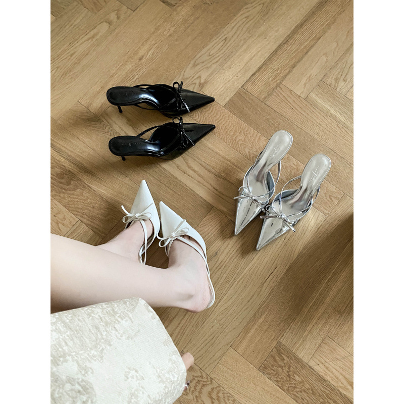 2025 Spring New Pointed Thin Heeled High Heeled European and American Fashion Bow silver Baotou Women's Shoes Half Tow Fashion Shoes