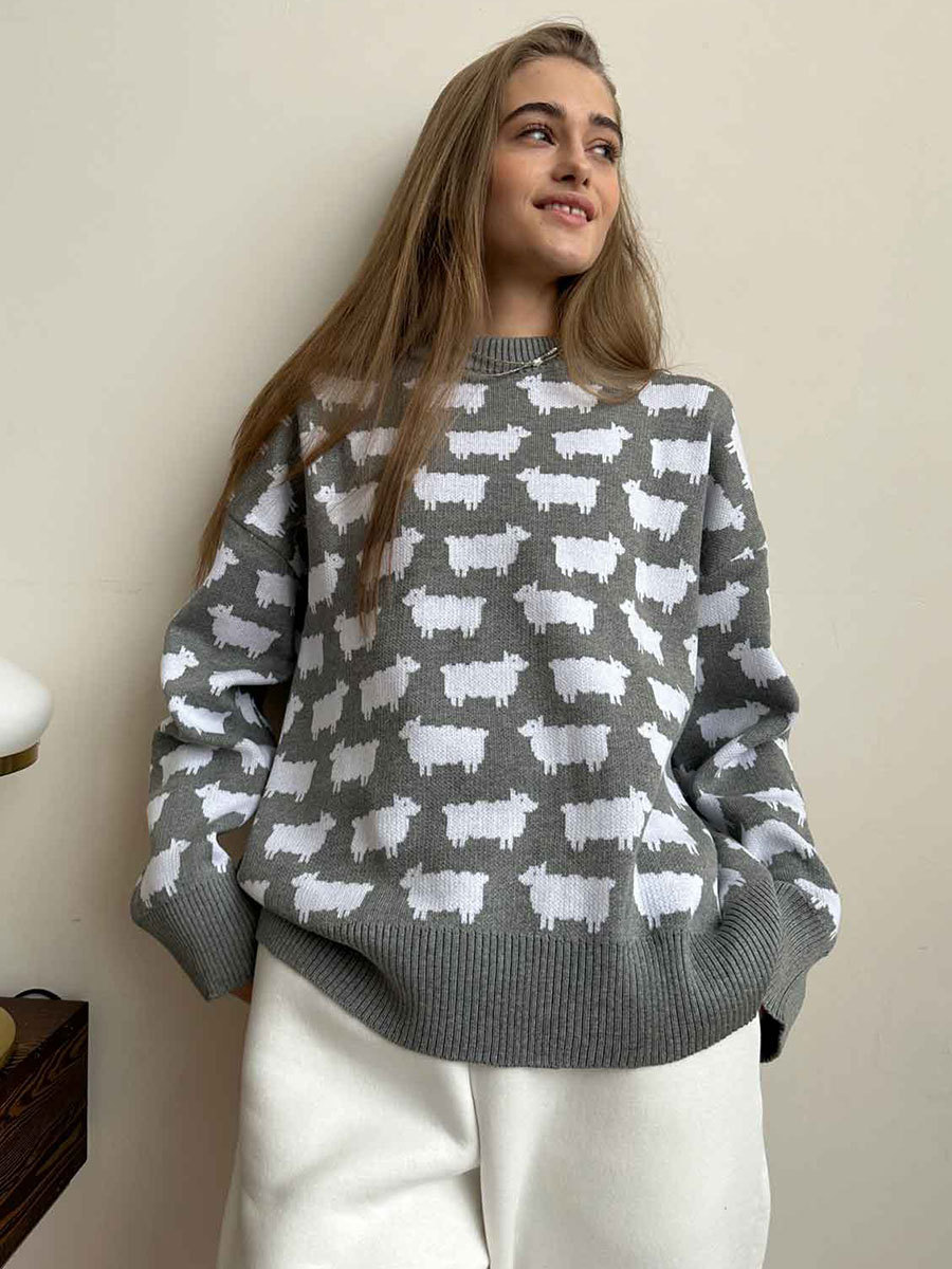 Round Neck Alpaca Printed Sweater Autumn and Winter New Women's Loose Casual Round Neck Sweater Pullover