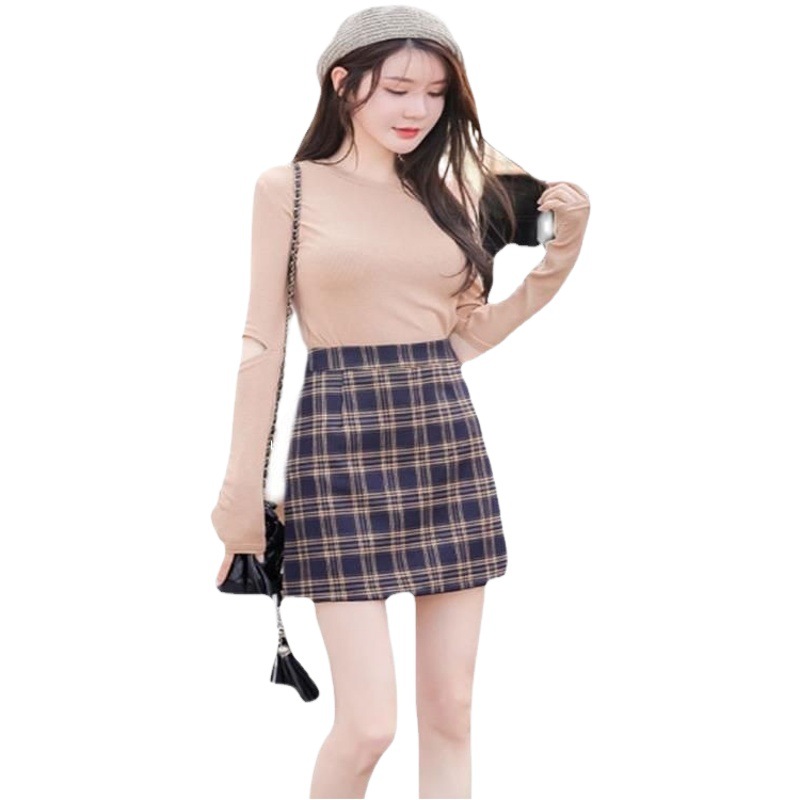 2024 autumn new skirt women's autumn Plaid A- line skirt slimming versatile Korean style student sheath skirt