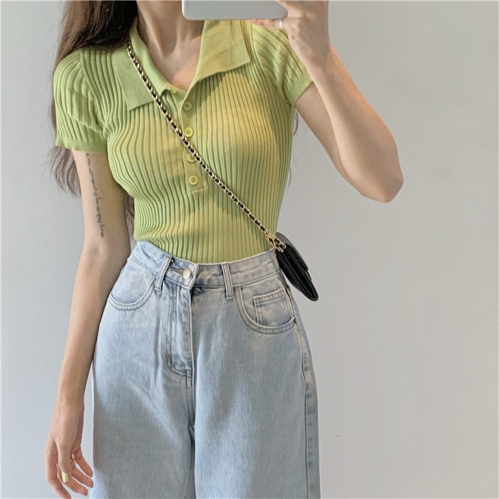 Polo Collar White Short-Sleeved T-Shirt Women's Summer French Chic Niche Design Short Tight Top Knitwear