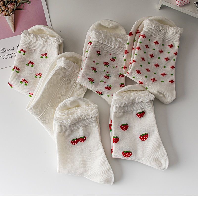 Picture of White Bubble Socks for Women, Mid-Calf Lolita Lace Long Socks, Student Socks, Strawberry Casual Versatile Socks