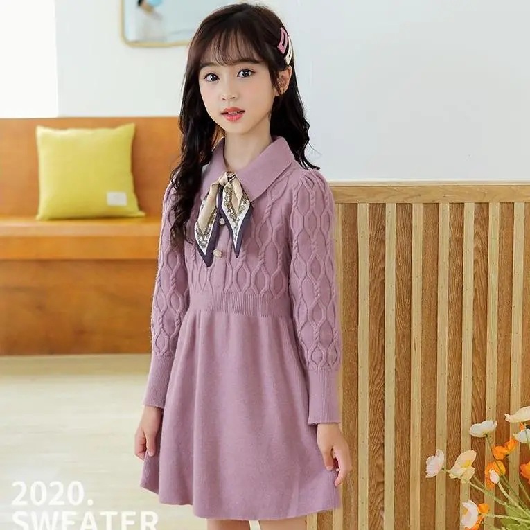Girls' Sweater Dress Autumn New Western Style Big Children's Internet Popular Spring Autumn Knitted Long Sleeve Princess Dress
