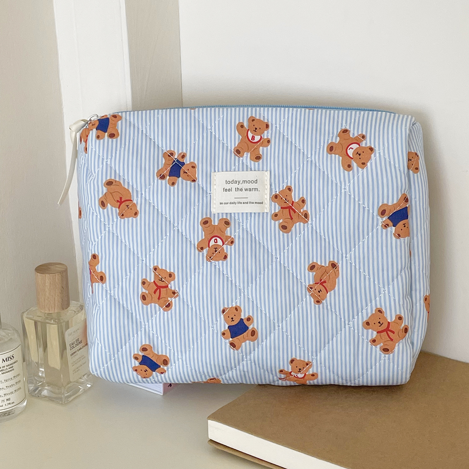 Picture of Cross-Border Pink Striped Bear Cosmetic Bag Student Portable Cute Cartoon Toiletry Bag Quilted Portable Storage Bag
