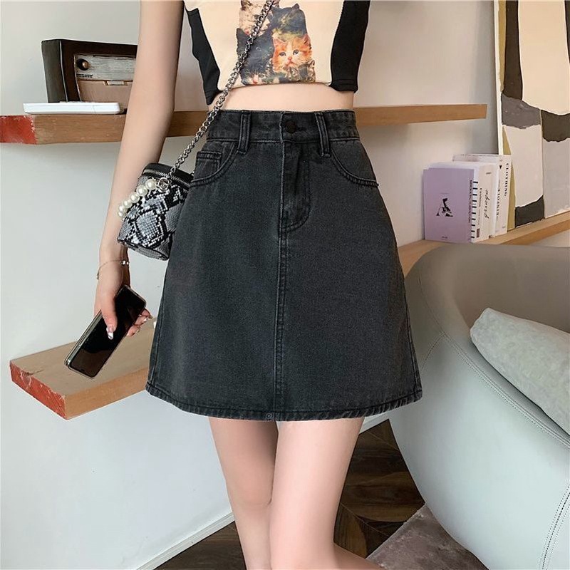 Picture of Summer Korean-style ins Black Grey High Waist Small Denim Skirt Women's All-match Slimming Hip A- line Short Skirt Trendy