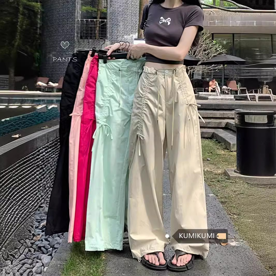 American Style Hot Girl Design Strap Overalls Women's High Waist Drawstring Casual Pants Summer Loose Slimming Wide Leg Long Pants