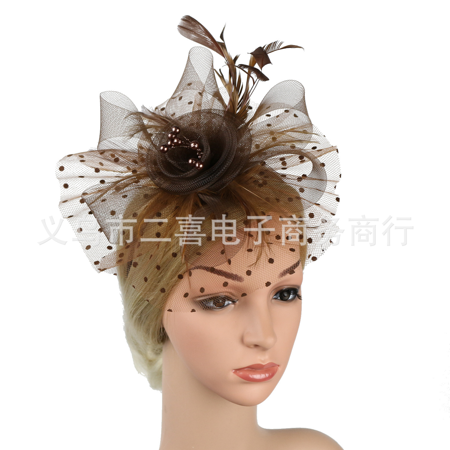 Picture of European and American Popular Amazon Feather Headdress Bridal Hair Accessories Mesh Top Hat Jockey Club Hair Accessories Hairpin Headband