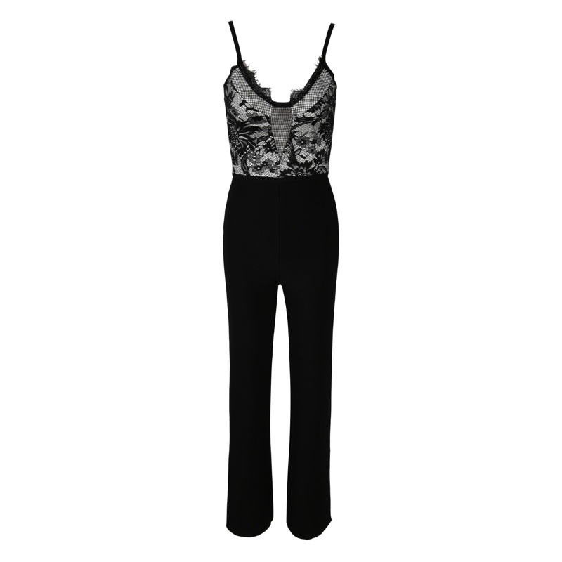 Foreign Trade Fashion Summer Internet Celebrant Trendy Women's Sexy V-Neck Lace Stitching Fashion Casual Slim-fit Pants