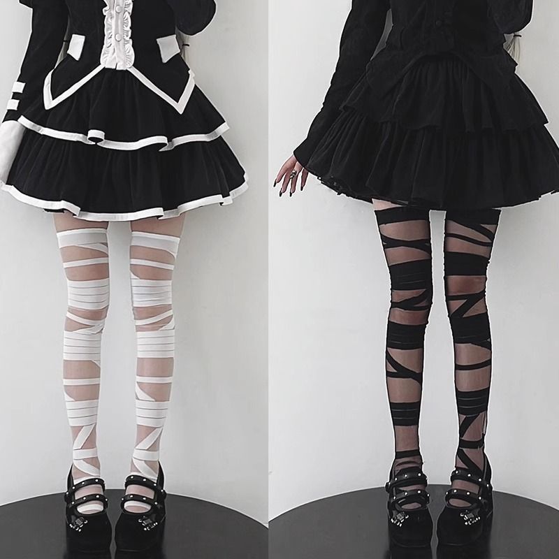 Lolita jk socks Asian culture hot girl black and white cross bandage long over-the-knee Japanese women's lace-up stockings thin