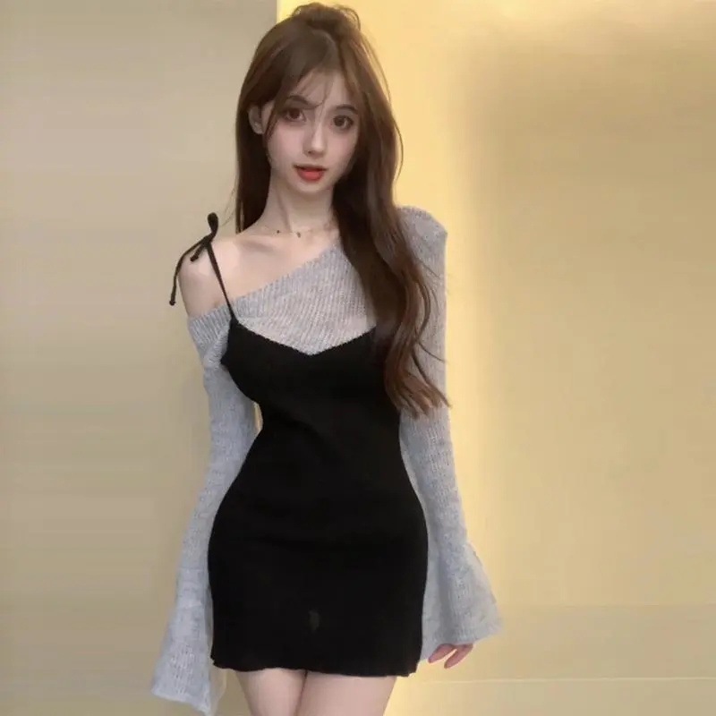 Little Overlord Color-matching Curve New Fashion Pure Sexy Color-matching Irregular Slim-fit Slimming Knitted dress Women