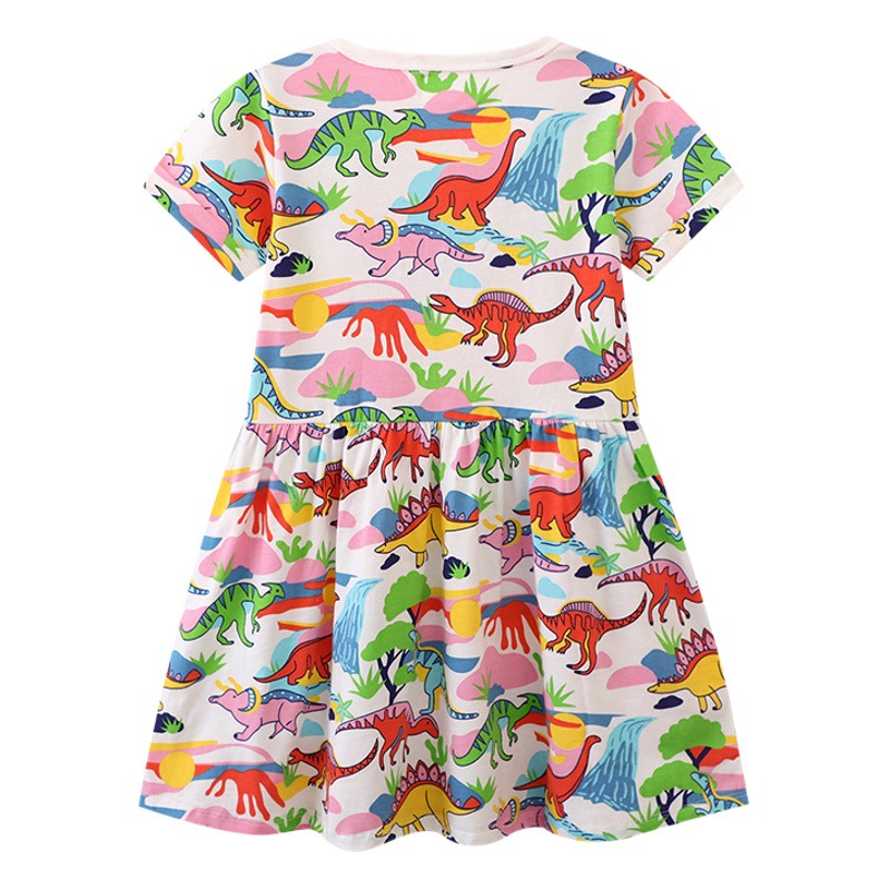 Foreign Trade 2024 Spring and Summer New Style Girls European and American Short-Sleeved Dress Kidsren's Printed Dinosaur Summer Princess Dress