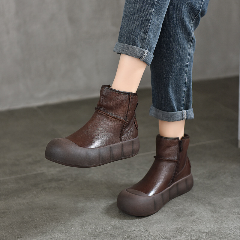 Retro Casual Handmade Genuine Leather Short Boots for Women First Layer Cowhide Toe Boots Zipper