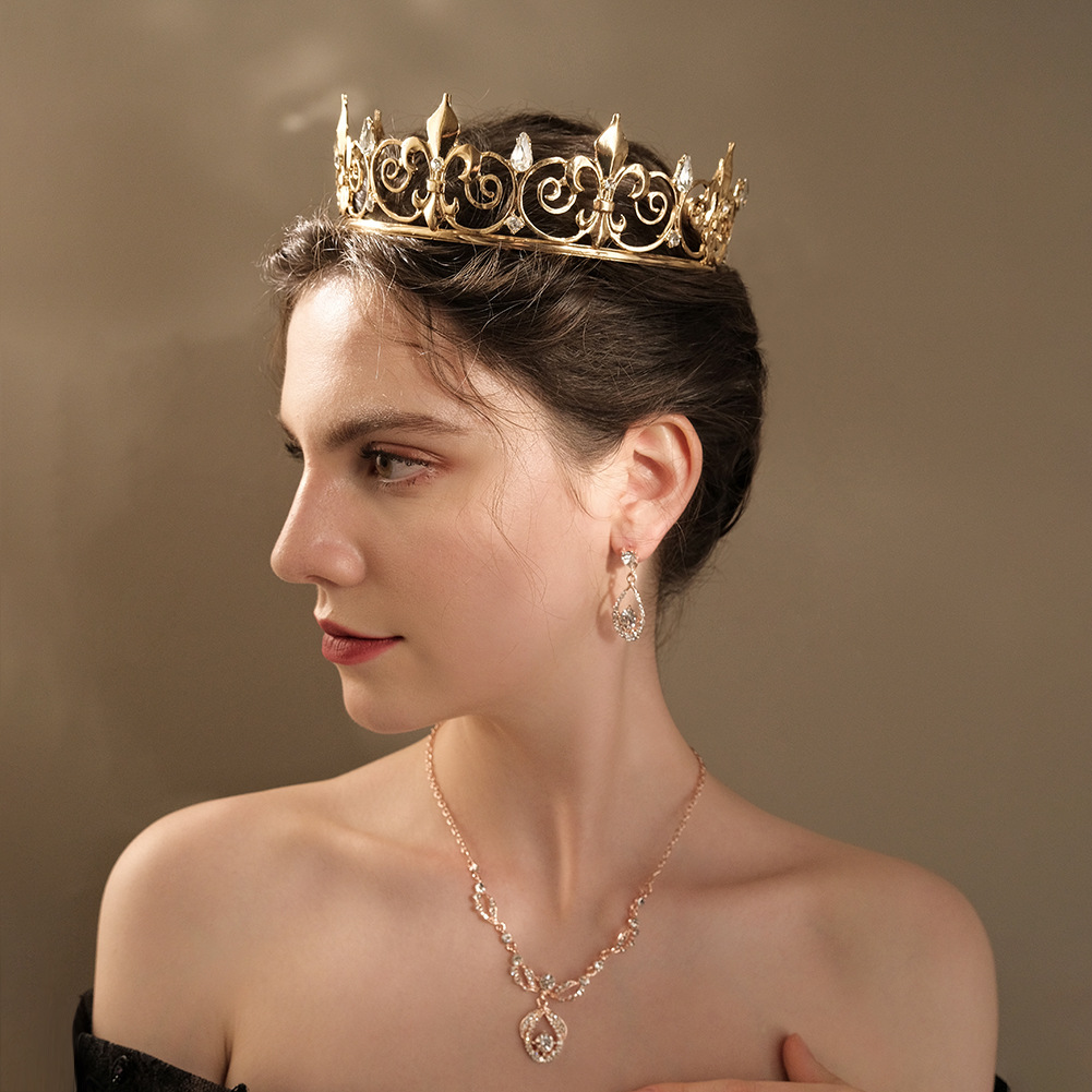 Picture of European and American classic jewelry vintage king crown round gold rhinestone alloy crown men's and women's party ball headdress