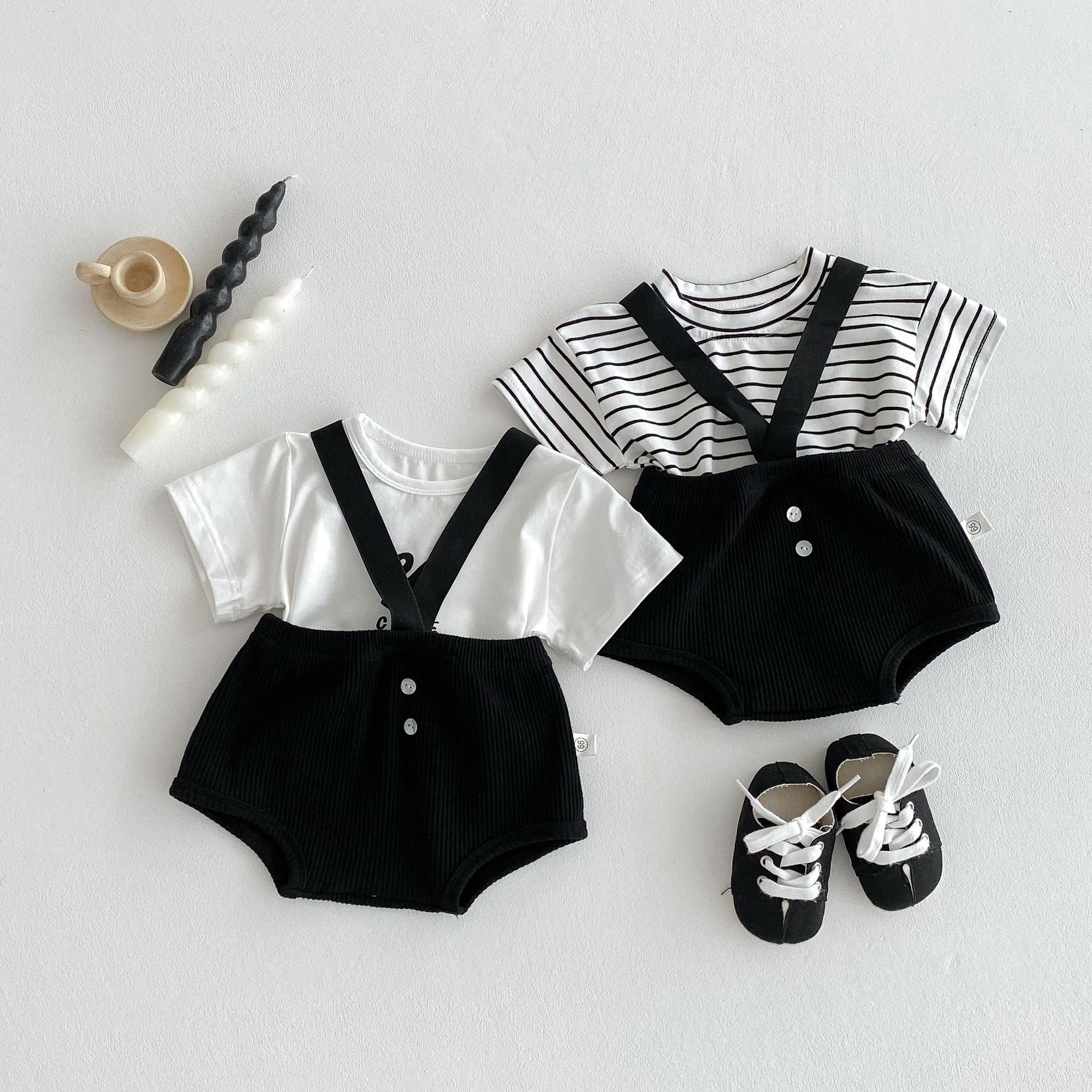 Korean-style Summer Baby Clothes Threaded Strappers Cartoon T-shirt Top suit Baby 2025 All-match Outfit