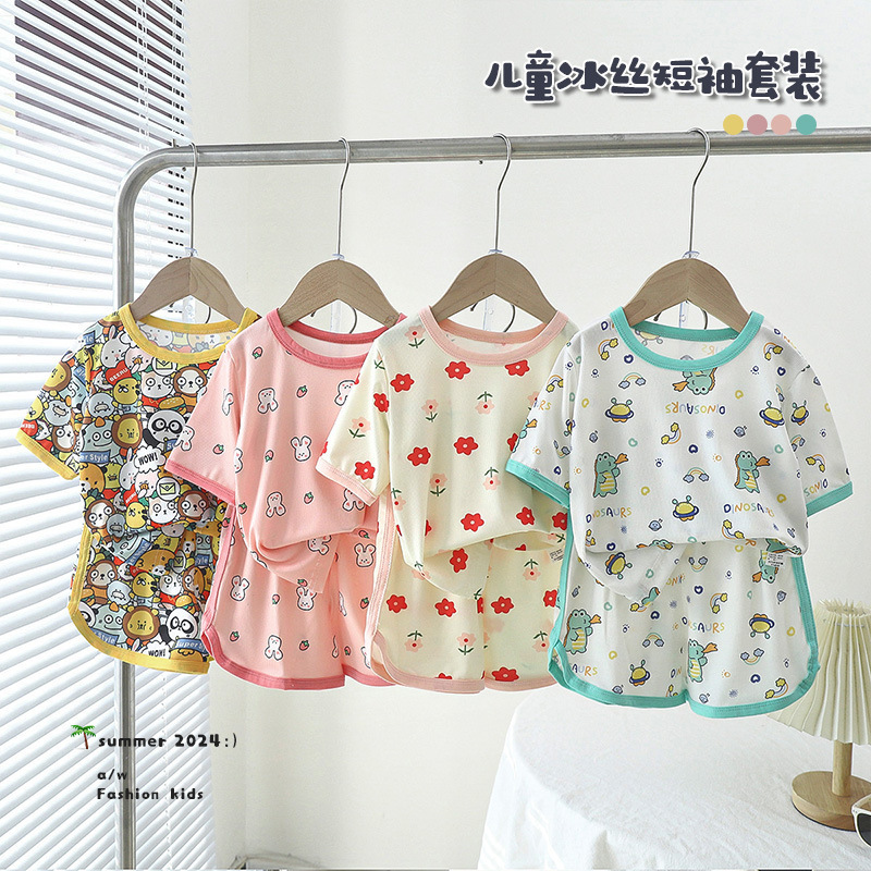 Baby Men's Cartoon Short-sleeved T Children's Short-sleeved Shorts Set Girls' Summer Ice Silk Small Floral Print Home Clothes