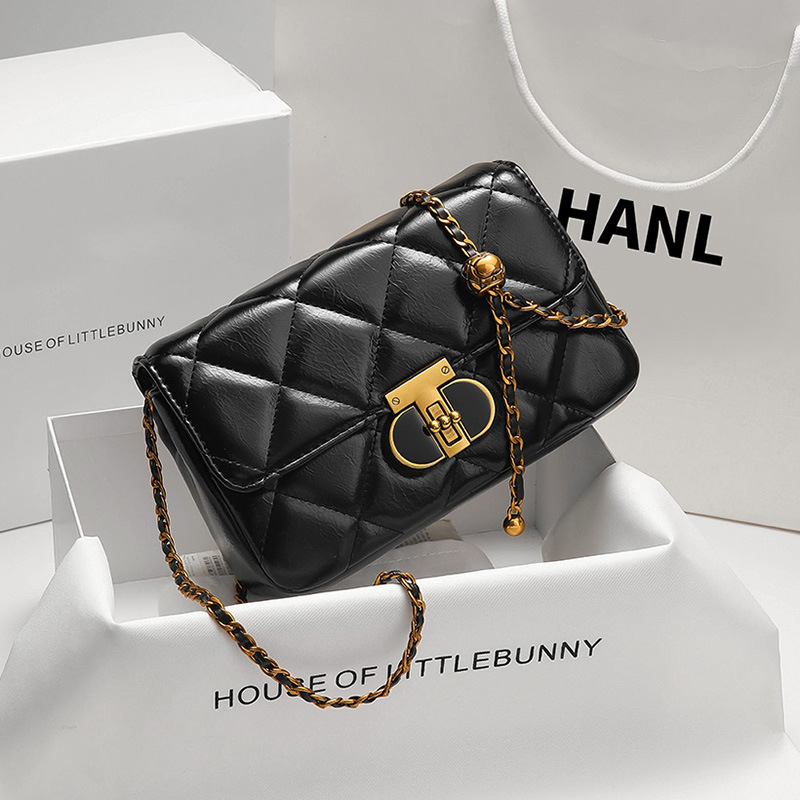 New Rhombus Oil Wax Leather Niche Design Joker high quality Small Gold Ball Crossbody Chain Bag Internet Celebrant Live Explosions