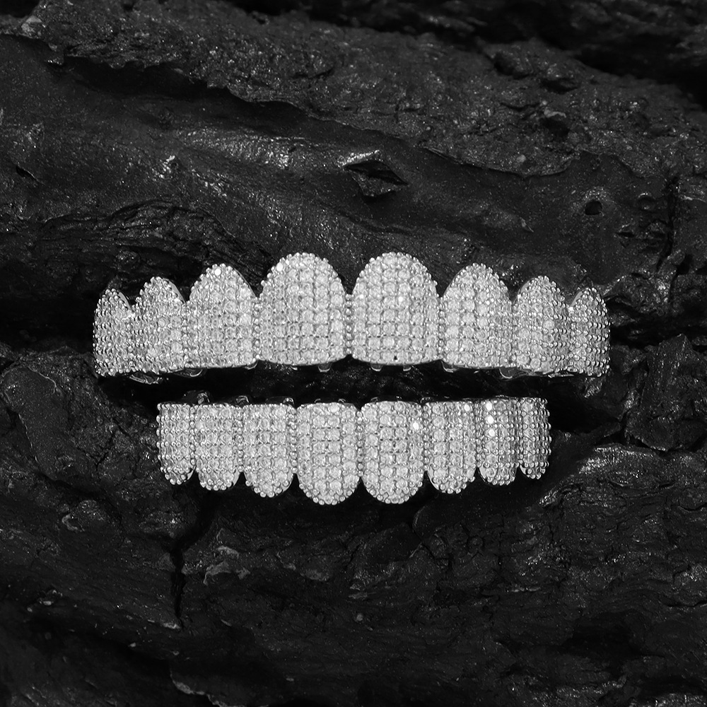 Eight teeth flat teeth hip hop braces hiphop teeth grillz men and women 18k copper micro inlaid zircon gold plated teeth tide