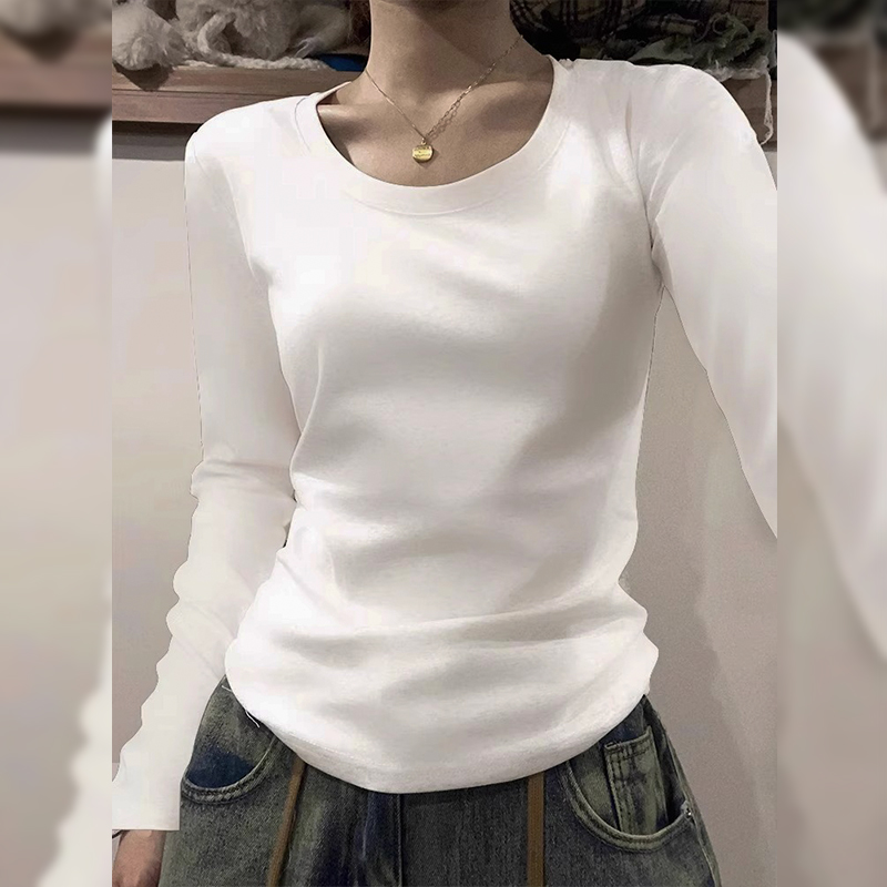 Picture of American Style Shoulder Long-Sleeved T-Shirt Women's Autumn and Winter Women's New U-Neck Slim-Fit Sanding Base Shirt Top for Women