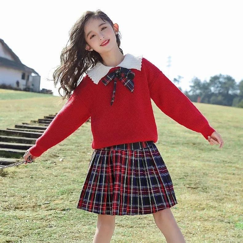Girls' autumn clothes suit winter new children's knitted two-piece college style sweater short skirt western style girls' skirt