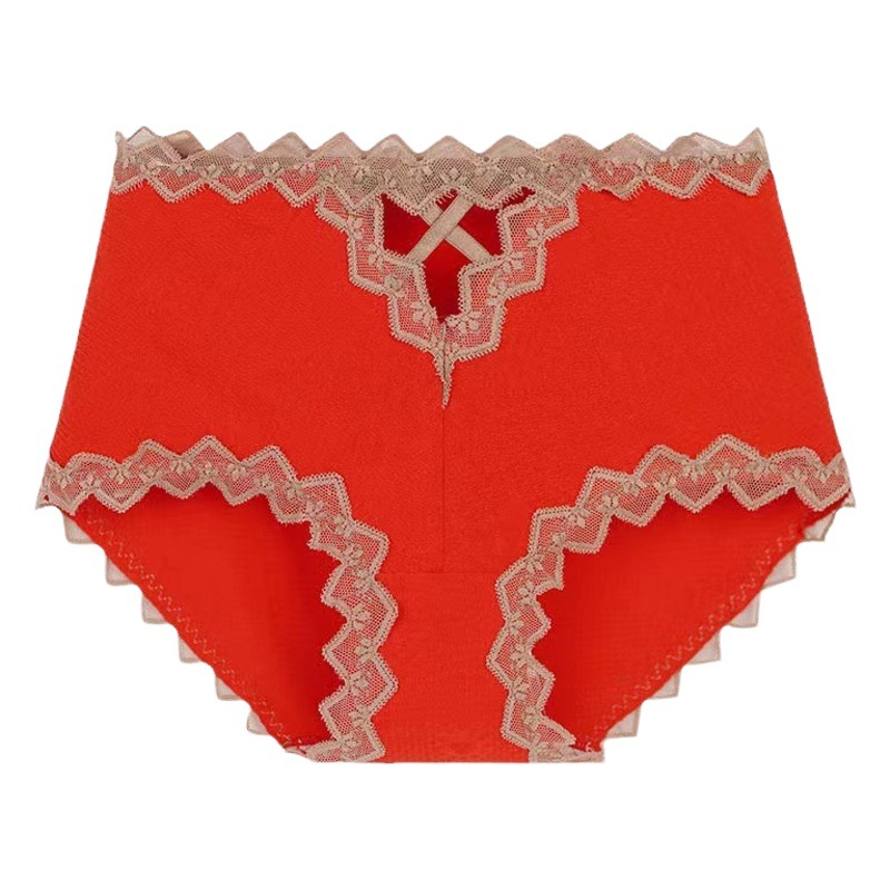 Women's cotton underwear Big Red mid-waist plus size seamless hollow-out sexy lace edge comfortable sheath briefs