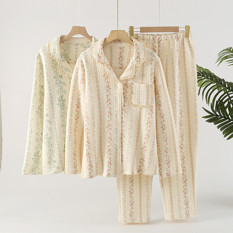 Women's autumn and winter lace collar printed home clothes suit pajamas long sleeve trousers suit loose manufacturers wholesale
