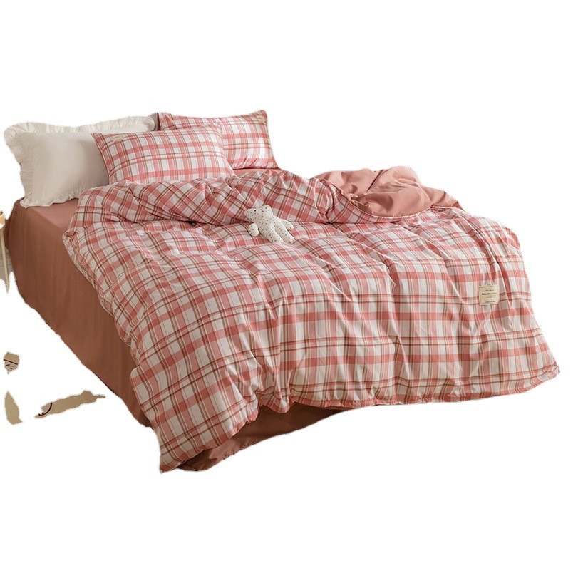 Skin-Friendly Simple Four-Piece Set, Washed Brushed Plaid Three-Piece Bed Sheet, Duvet Cover, Fitted Sheet, Student Dormitory Bedding