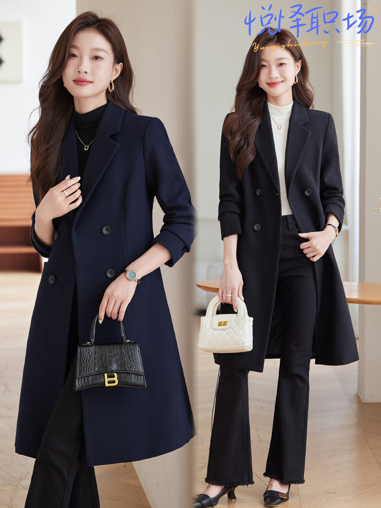 Suit windbreaker coat this year popular long commuter small temperament overalls hidden blue woolen coat
