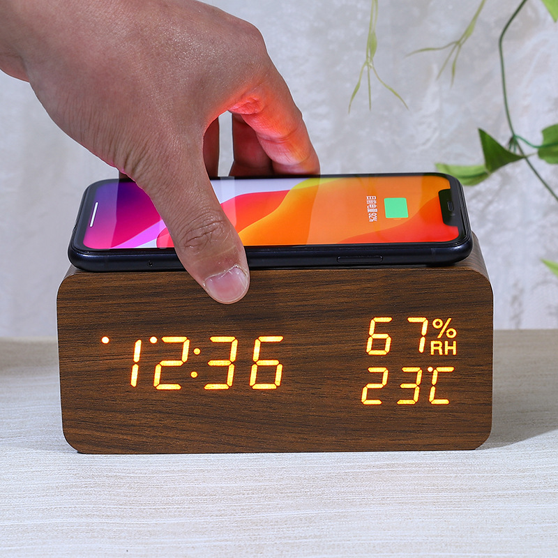 Cross-Border In-Stock Digital Wooden Clock Smart Wireless Charging Clock Thermometer Hygrometer Electronic Alarm Clock Voice-Controlled Led Clock