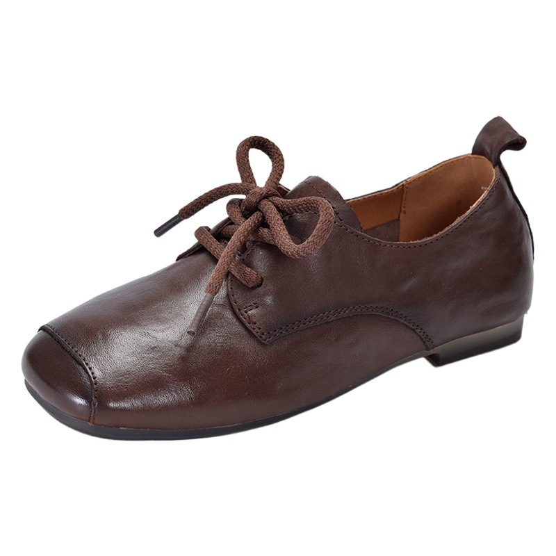 Hand-Grabbed Genuine Leather Square-Toe Shoes, Retro British Style Small Leather Shoes, 2025 Autum New Deep-Mouth Lace-Up Flats Shoes