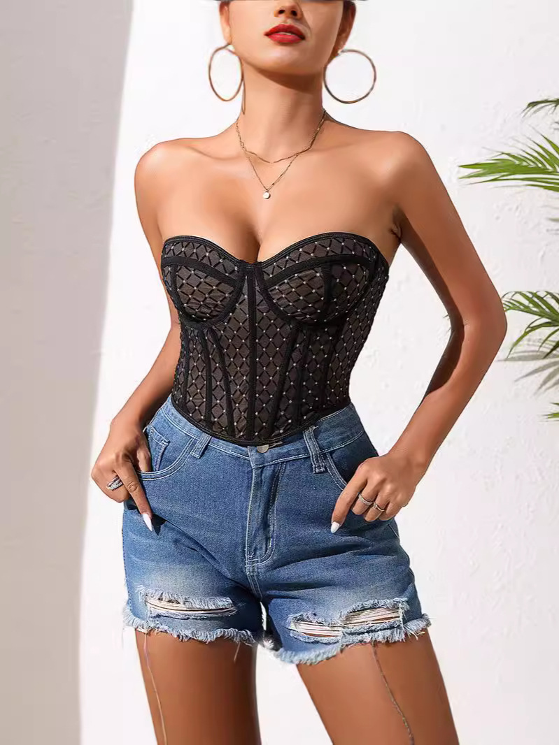 French Style Royal Sister Style Sexy Spice Girl Black Tight Summer Pure Desire Style Slimming Waist Fishbone Tube Top