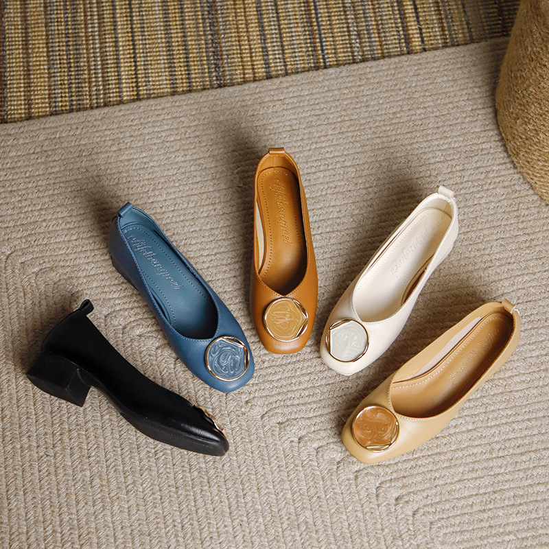 New Metallic Amber Buckle Leather Shoes Soft-soled Comfortable Work Shoes Mid-heel Square-toe Shallow Mouth All-match Thick-heel Single-layer Shoes for Women