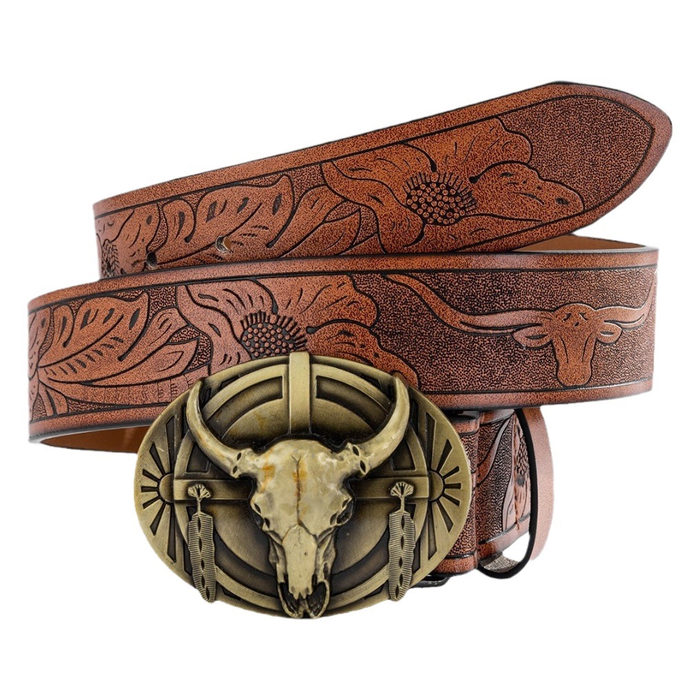 Men's belt brown cow head buckle Western Denim domineering belt wholesale