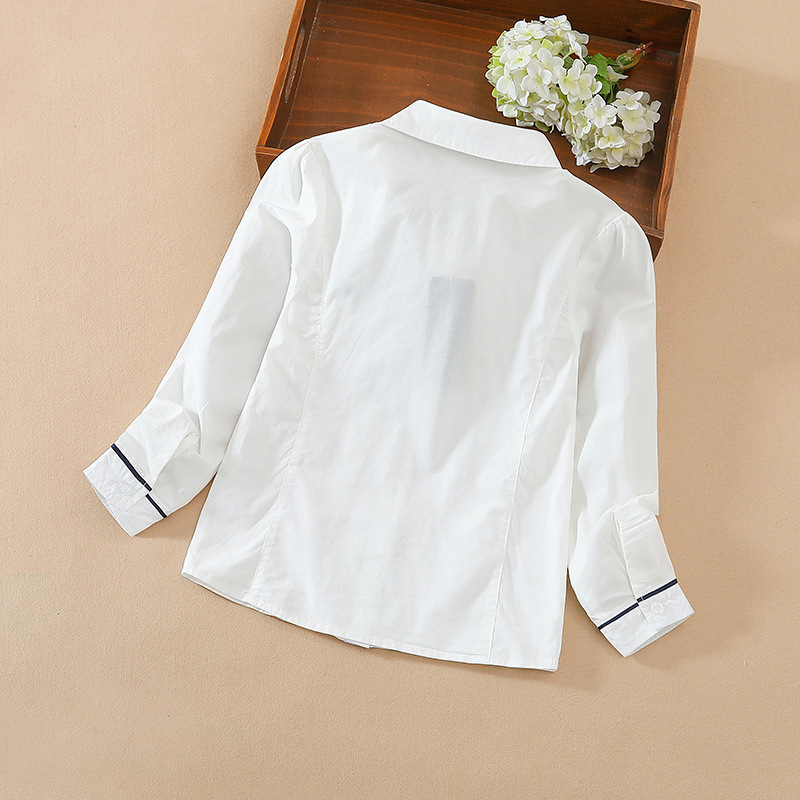 Picture of Spring and Autumn Baby Tops Korean Big Children's Bow Children's Clothing Short-Sleeved Cotton Long-Sleeved Lapel Girls' Shirts Pure Color