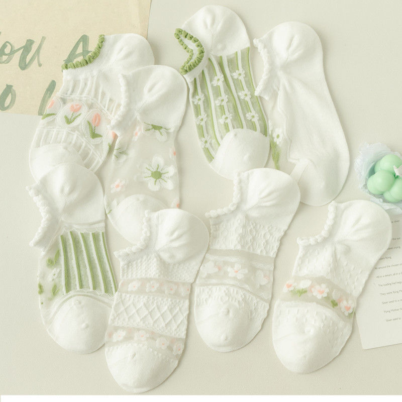 Socks women's summer ultra-thin lace ice stockings women's cute Japanese boat Socks White Korean glass silk socks