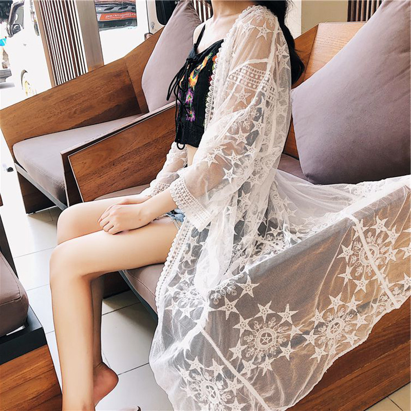 Picture of European and American Cross-border Sunscreen Clothing Women's Summer Seaside Vacation Mid-length Lace Coat Hollow Beach Bikini Blouse