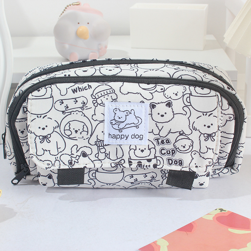 Picture of 3877 New Black and White Puppy Super Large Capacity Student Pencil Bag Multi-compartment Student Stationery Storage Pencil Bag